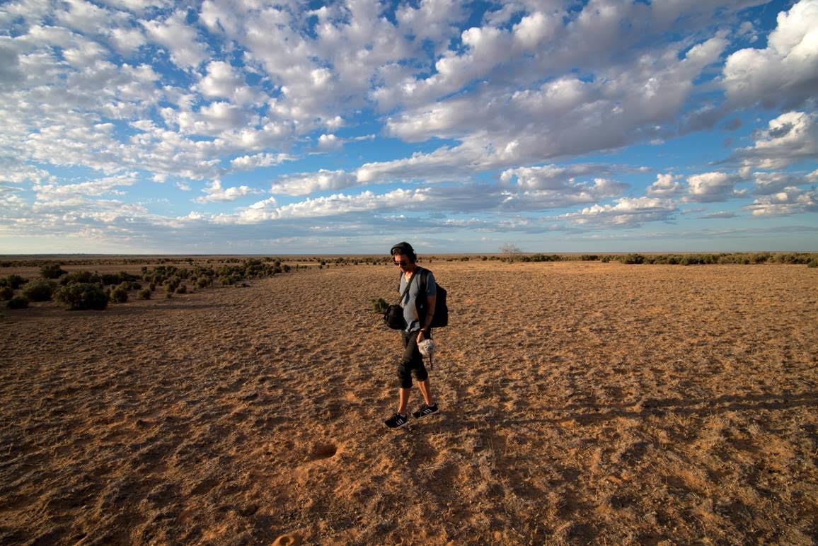 Photo of Daniel Browning, recording in the field at Lake Mungo, April 2015. Image by Jonathan Kimberley