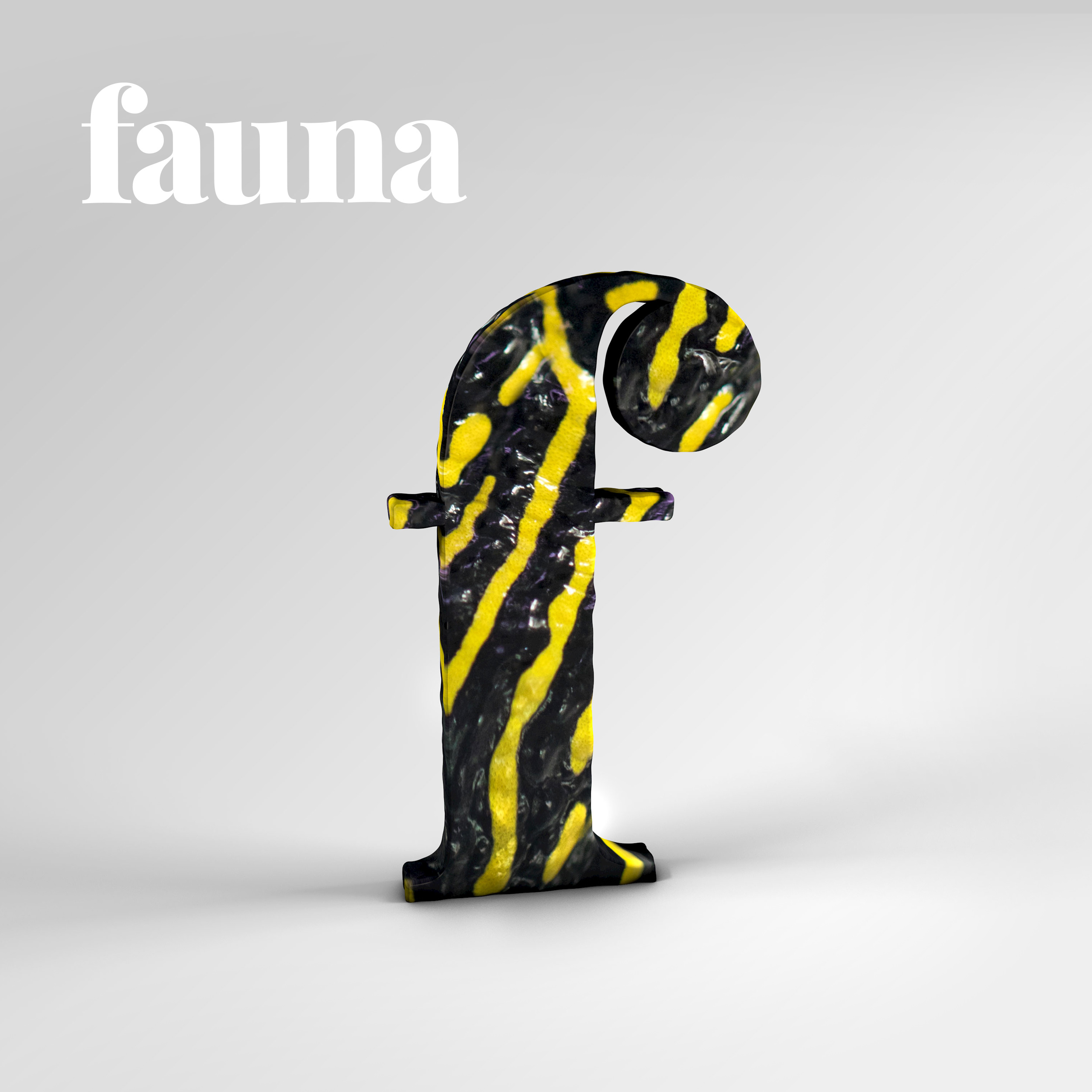 A tiger-stripped letter f on a grey background with the word fauna to the left